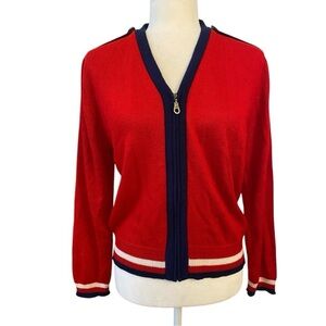 Red Zip-Up Cardigan with Navy Trim